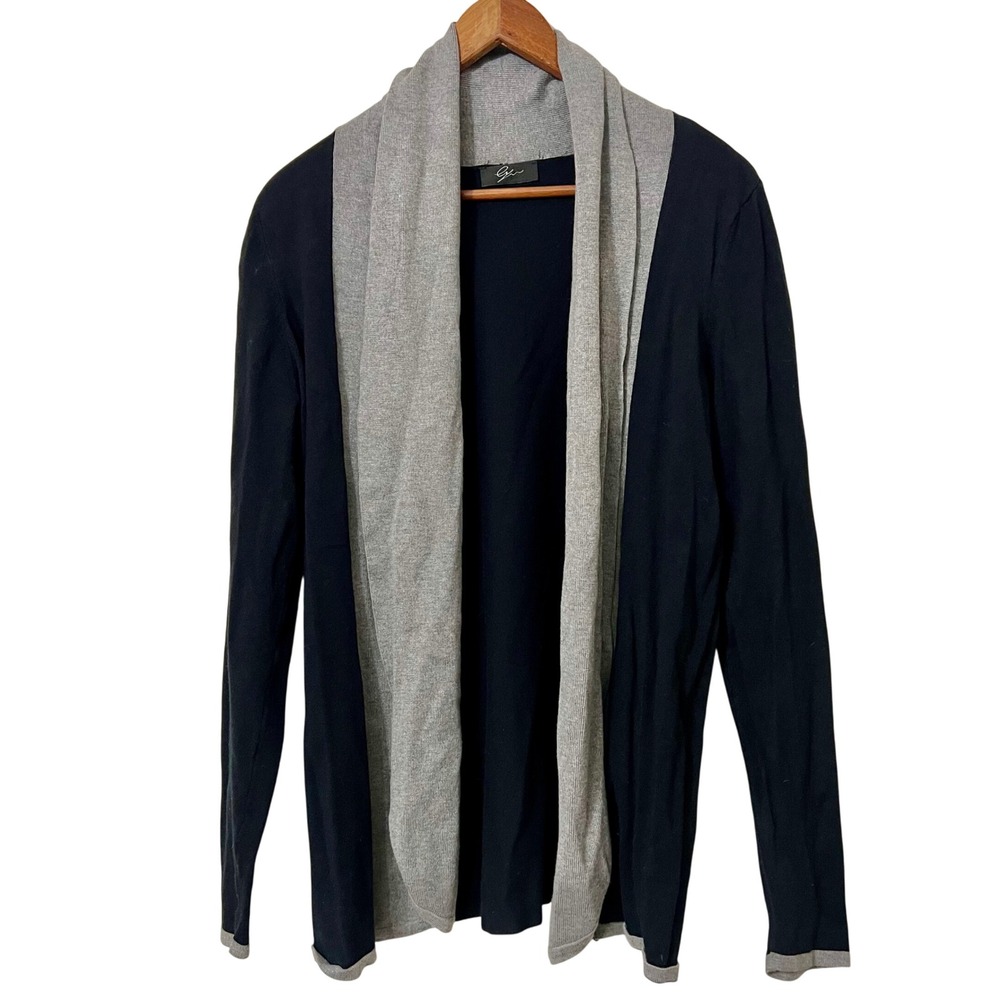 Womens Black Gray Colorblock Open Front Long Sleeve Cardigan Sweater Large Rayon